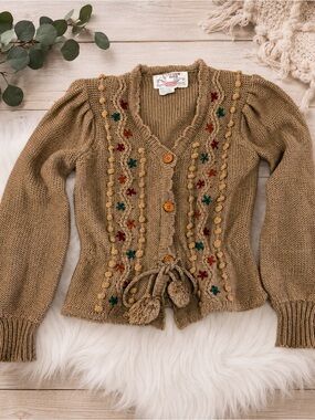 Vintage Italian Mob Ltd Cardigan Sweater L Embroidered Pom Pom Puff Sleeve